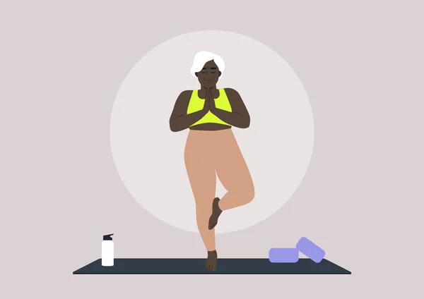 Une Femme Âgée Caractère Africain Pratiquant Yoga Maison Une Pose — Image vectorielle