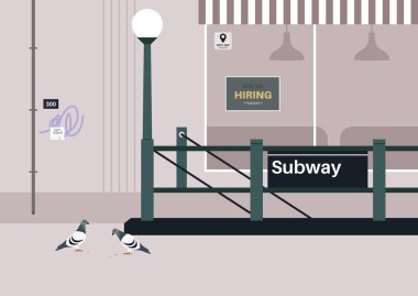 Metro istasyonu girişi, güvercinlerin ve grafitilerin olduğu şehir manzarası, büyük şehir hayatı.