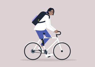 Bisiklet süren protez bacaklı beyaz bir kadın karakter.