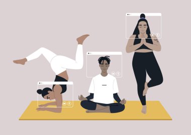Yoga vinyasa çevrimiçi atölyesine katılan bir grup birey, çeşitli katılımcılar bir yoga minderinin üzerine yerleştirilmiş, dayanıklılık, denge ve esnekliği geliştirmek için tasarlanmış bir çalışma.