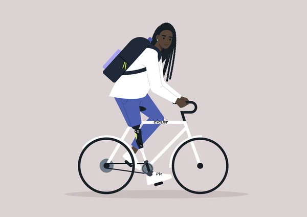 Joven Personaje Africano Femenino Con Una Pierna Protésica Bicicleta — Archivo Imágenes Vectoriales