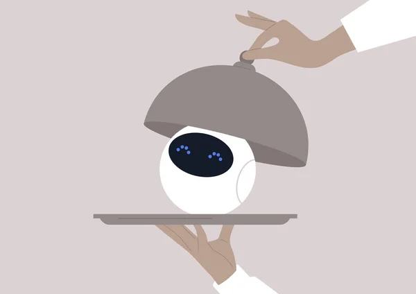 Tepsideki Sevimli Yuvarlak Bir Robot Bir Garsonun Elleri Tarafından Bir — Stok Vektör