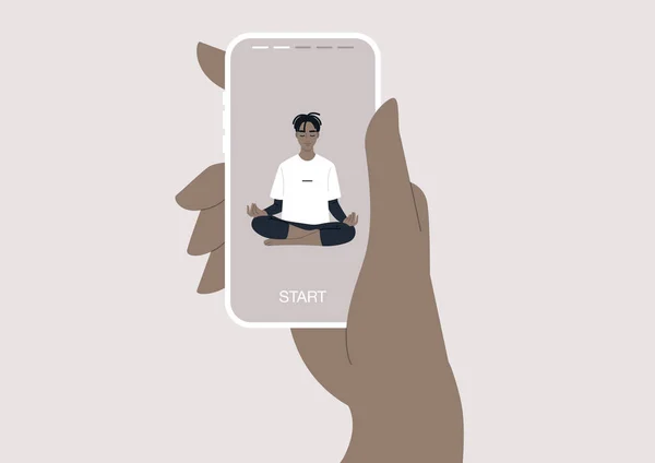 携帯電話を使用してヨガのVinyasaモバイルアプリにアクセスすると インターフェイスには ガイド付き瞑想 呼吸法 その他の活動など さまざまなオプションが表示されます — ストックベクタ