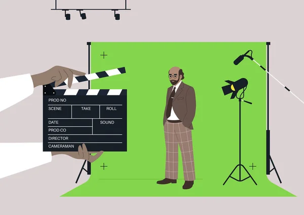 映画スタジオのクロマキースクリーンに立っている男性白人シニアキャラクター ビデオ制作 — ストックベクタ
