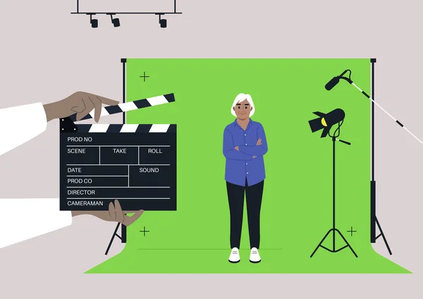 映画スタジオのクロマキースクリーンに立っている女性シニア白人キャラクター ビデオ制作 — ストックベクタ