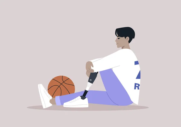 Joven Jugador Baloncesto Asiático Con Una Pierna Protésica Sentado Suelo — Vector de stock