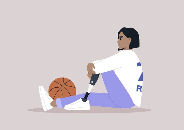 Una Joven Jugadora Baloncesto Caucásica Con Una Pierna Protésica Sentada — Vector de stock