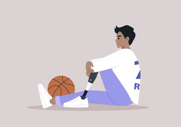 Joven Jugador Baloncesto Caucásico Con Una Pierna Protésica Sentada Suelo — Vector de stock