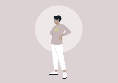 Asyalı bir erkek, gençliğinde elleri kalçasında duruyor. Bin yıllık neslin gündelik ve modern yaşam tarzını somutlaştırıyor.