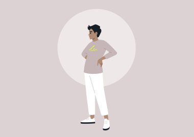 Gençliğinde İspanyol bir erkek elleri kalçasında duruyor, modern ve gündelik bir yaşam tarzını şekillendiriyor.