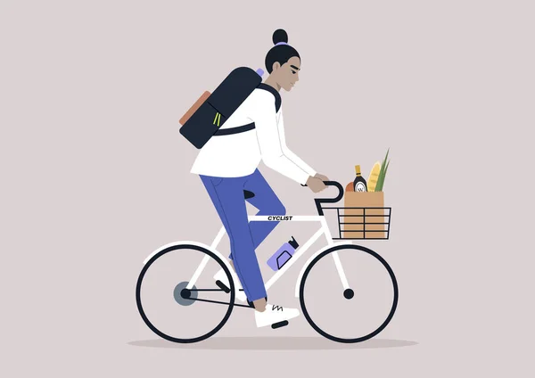 Ung Kvinnlig Asiatisk Karaktär Kombinera Cykel Motion Och Ärenden Balansera — Stock vektor