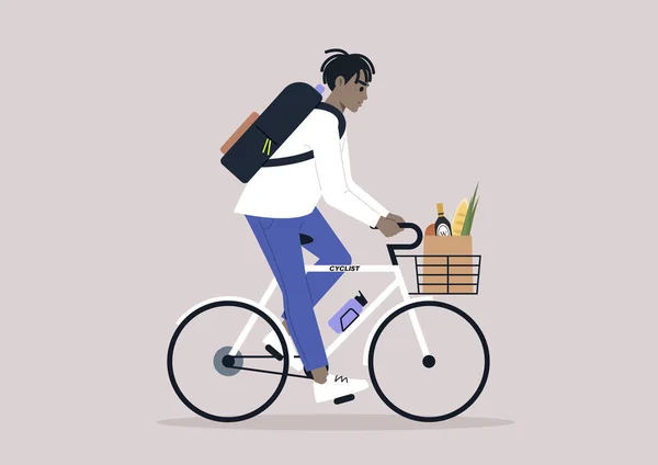 Junge Männliche Afrikanische Charaktere Kombinieren Radsport Und Besorgungen Balancieren Lebensmittel — Stockvektor