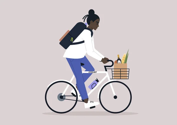サイクル運動とエランドを組み合わせた若い女性アフリカのキャラクター 箱の中の食料と持続可能性を受け入れることのバランス — ストックベクタ