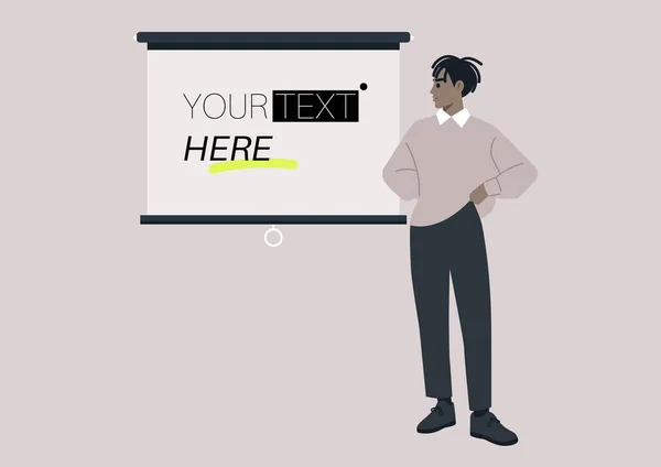 Ung Afrikansk Man Som Pekar Videoprojektor Kopiera Utrymme Din Text — Stock vektor