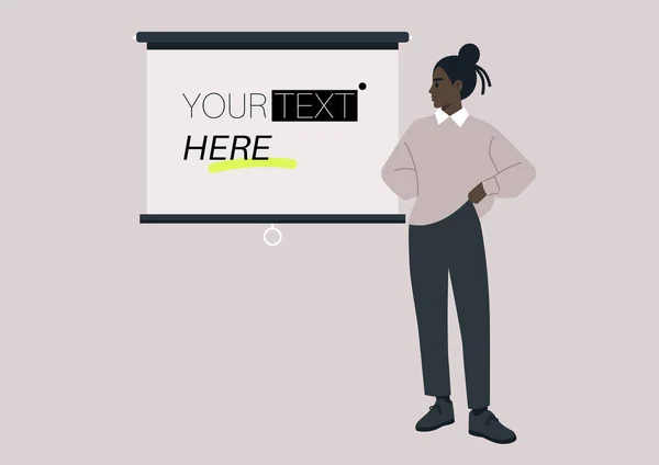 Ung Kvinnlig Afrikansk Karaktär Pekar Videoprojektor Skärm Kopiera Utrymme Din — Stock vektor