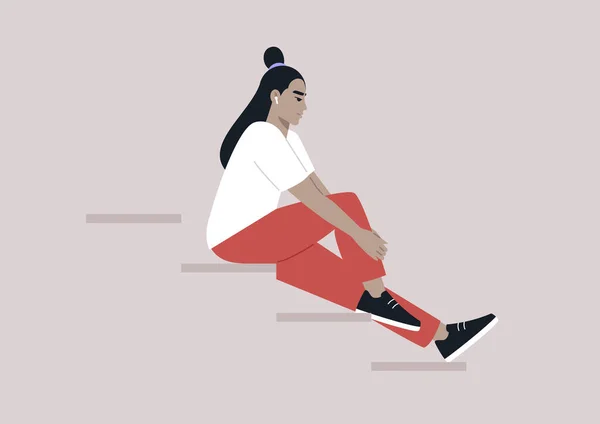 Junge Weibliche Asiatische Figur Sitzt Auf Der Treppe Verloren Der — Stockvektor