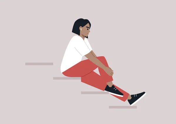 Jeune Personnage Féminin Caucasien Assis Dans Les Escaliers Perdu Dans — Image vectorielle