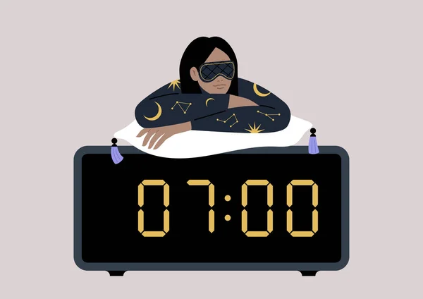 パジャマとマスクを着た若い女性の白人のキャラクターは 大きなデジタル目覚まし時計の上にリクライニング — ストックベクタ