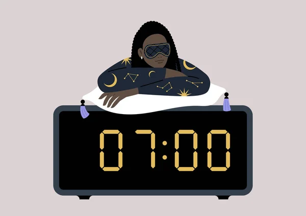 パジャマとマスクを着た若い女性のアフリカのキャラクターは 大きなデジタル目覚まし時計の上にリクライニング — ストックベクタ
