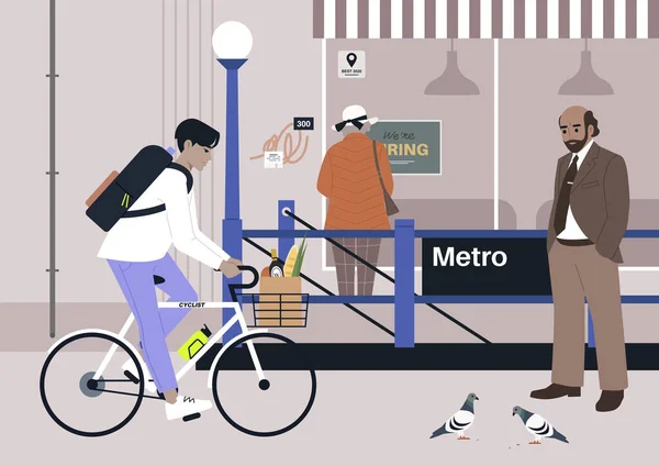 拥挤的地铁站入口 有鸽子和涂鸦的城市场景 大城市的生活 — 图库矢量图片