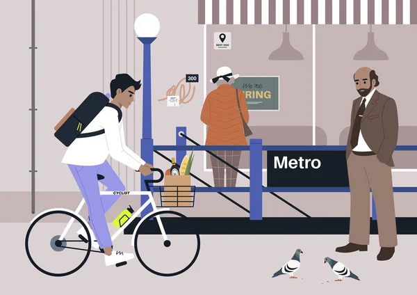 拥挤的地铁站入口 有鸽子和涂鸦的城市场景 大城市的生活 — 图库矢量图片