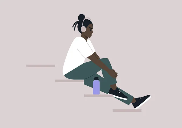Jovem Personagem Africano Sentado Nas Escadas Perdido Música Que Flui — Vetor de Stock
