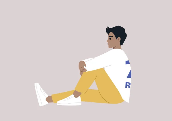 床に気軽に座って膝を抱きしめる若いヒスパニック系のキャラクターの日常生活シーン — ストックベクタ