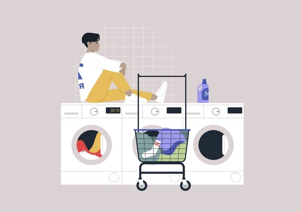 家事の概念 コインランドリーで洗濯を待っている若いキャラクター — ストックベクタ