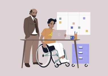 Özel çalışma ortamı, ofiste stajyeri denetleyen üst düzey bir yönetici.