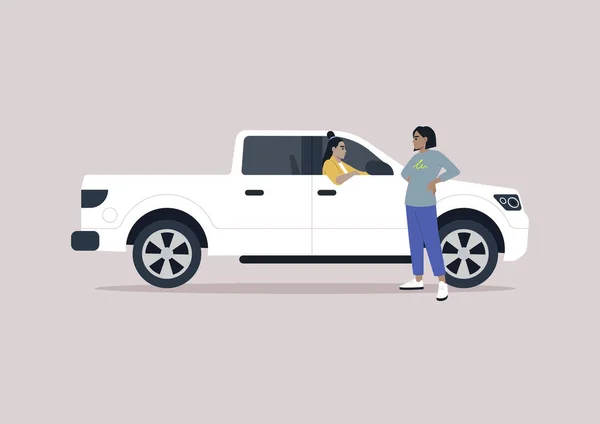 Trotuar Pieton Șofer Camion Care Angajează Conversație — Vector de stoc
