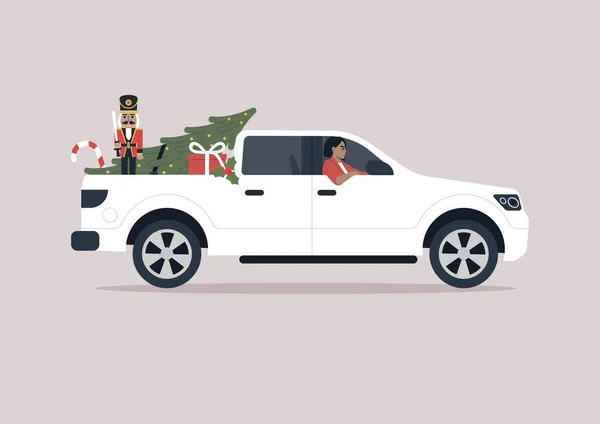 Jeune Conducteur Dans Une Camionnette Livrant Des Décorations Noël — Image vectorielle