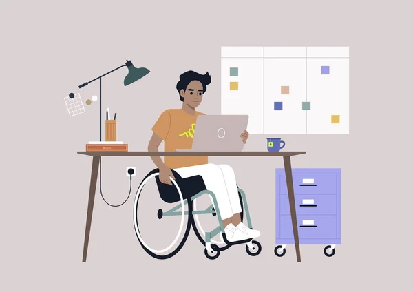 Tekerlekli Sandalye Kullanan Genç Bir Spanyol Ofiste Masa Başında Çalışıyor — Stok Vektör