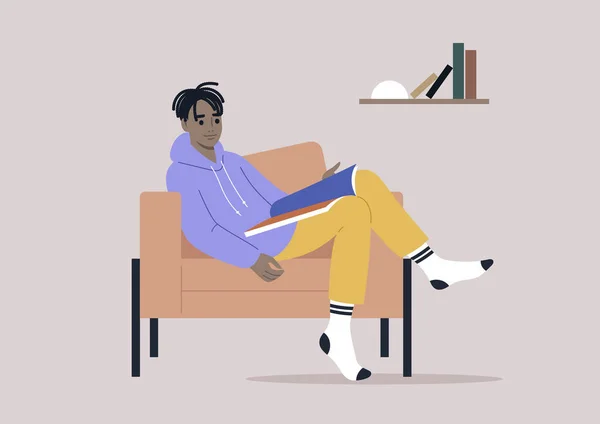 Eine Junge Männliche Afrikanische Figur Liest Hause Eine Zeitschrift Bequemer — Stockvektor