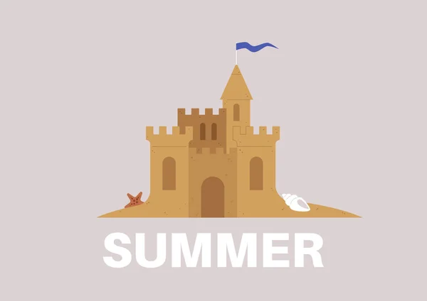 Песчаный Замок Флагом Морской Раковиной Звездой Концепция Летнего Пляжа — стоковый вектор