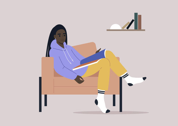 A young female African character reading a magazine at home, comfortable armchair and a bookshelf
