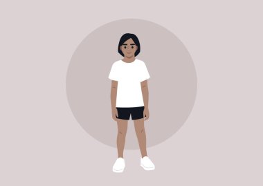 Spor kıyafetleri giymiş bir çocuğun vücut portresi.