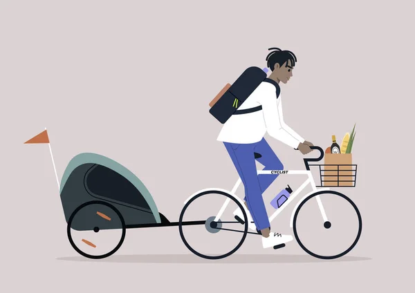 Jovem Pai Africano Montando Uma Bicicleta Com Trailer Infantil —  Vetores de Stock