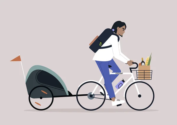 Ung Vit Förälder Åker Cykel Med Barnvagn — Stock vektor