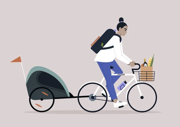 一位年轻的亚洲父母骑着一辆装有儿童拖车的自行车 — 图库矢量图片