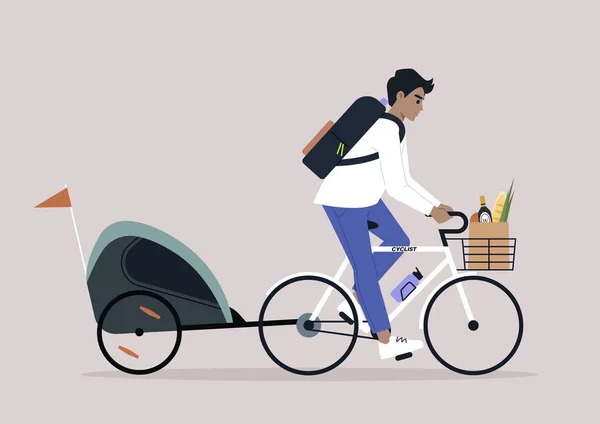 一位年轻的白人家长骑着一辆装有儿童拖车的自行车 — 图库矢量图片