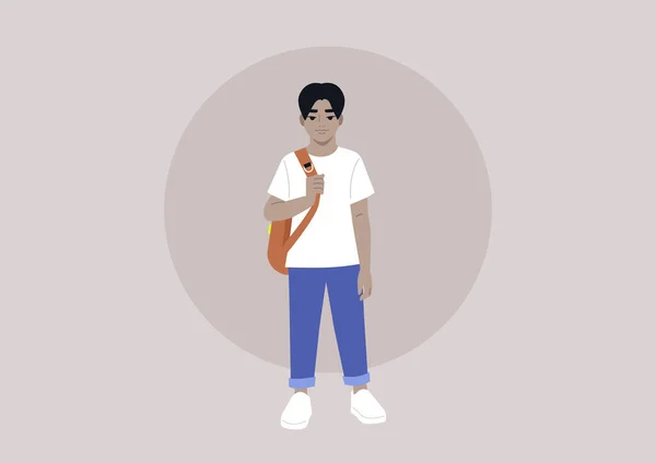 Portret Ucznia Noszącego Plecak Jednym Pasku — Wektor stockowy
