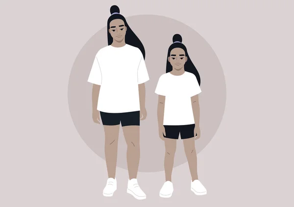 Relations Mère Fille Deux Personnages Portant Des Coupes Cheveux Des — Image vectorielle