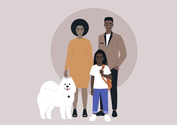 Portrait Famille Complet Avec Chien Une Mère Père Une Fille — Image vectorielle