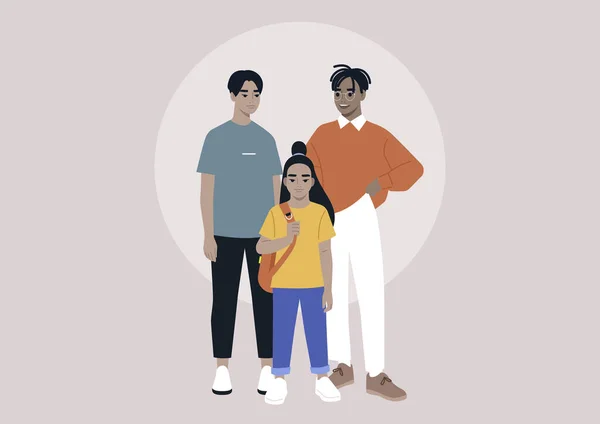 Ein Multirassisches Familienporträt Voller Länge Ein Schwules Paar Und Ihre — Stockvektor