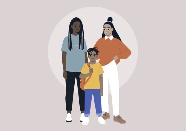 Full Length Multiracial Family Portrait Lesbian Couple Son — Stock Vector