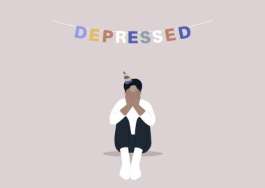 Üzücü bir doğum günü partisi, elleri yüzü kapalı yerde oturan bir karakter, depresif, duygusal bir meydan okuma okuyan renkli mektupları olan bir çelenk. 