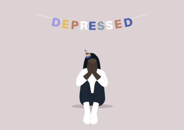 Üzücü bir doğum günü partisi, elleri yüzü kapalı yerde oturan bir karakter, depresif, duygusal bir meydan okuma okuyan renkli mektupları olan bir çelenk. 