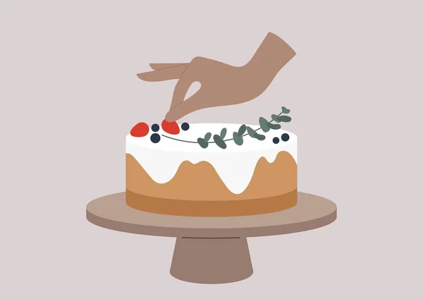 Une Main Mettant Une Fraise Rouge Sucrée Sur Gâteau Avec — Image vectorielle