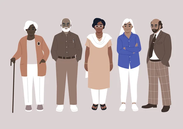Mångsidig Grupp Vuxna Äldre Vänner Samlades Ett Långt Porträtt Pensionsålder — Stock vektor