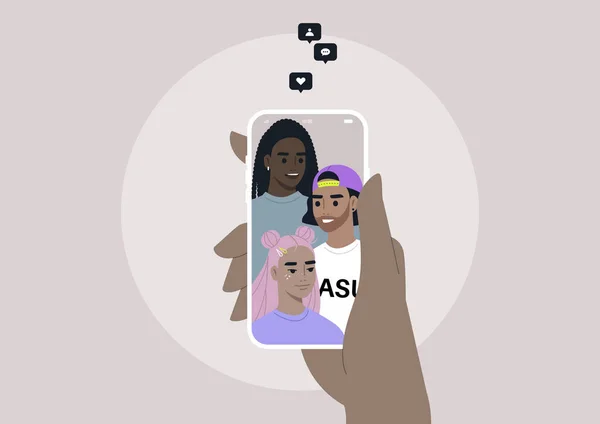 Contenido Redes Sociales Virales Retrato Selfie Grupo Diverso Amigos Personajes — Archivo Imágenes Vectoriales